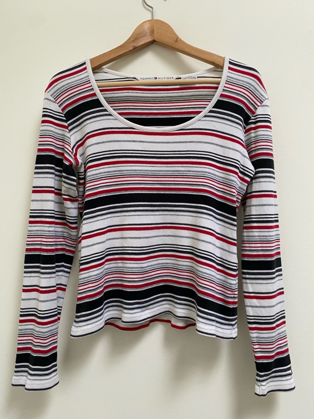 Tommy Hilfiger 💯 Cotton Striped Scoop Neck Long Sleeve Top - White, Black, Red
